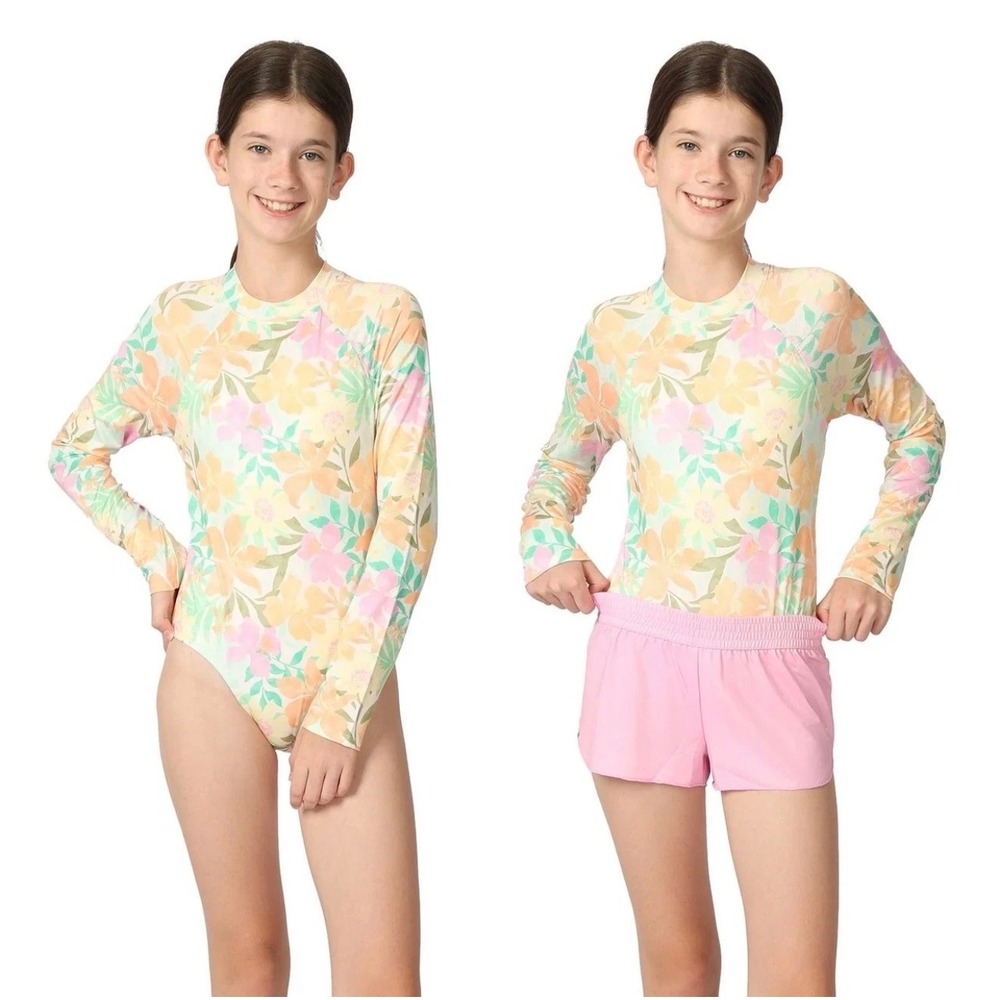 NWT Billabong Girls 2-Piece Swim Floral Rash Guard Bodysuit Shorts Pink M 10/12